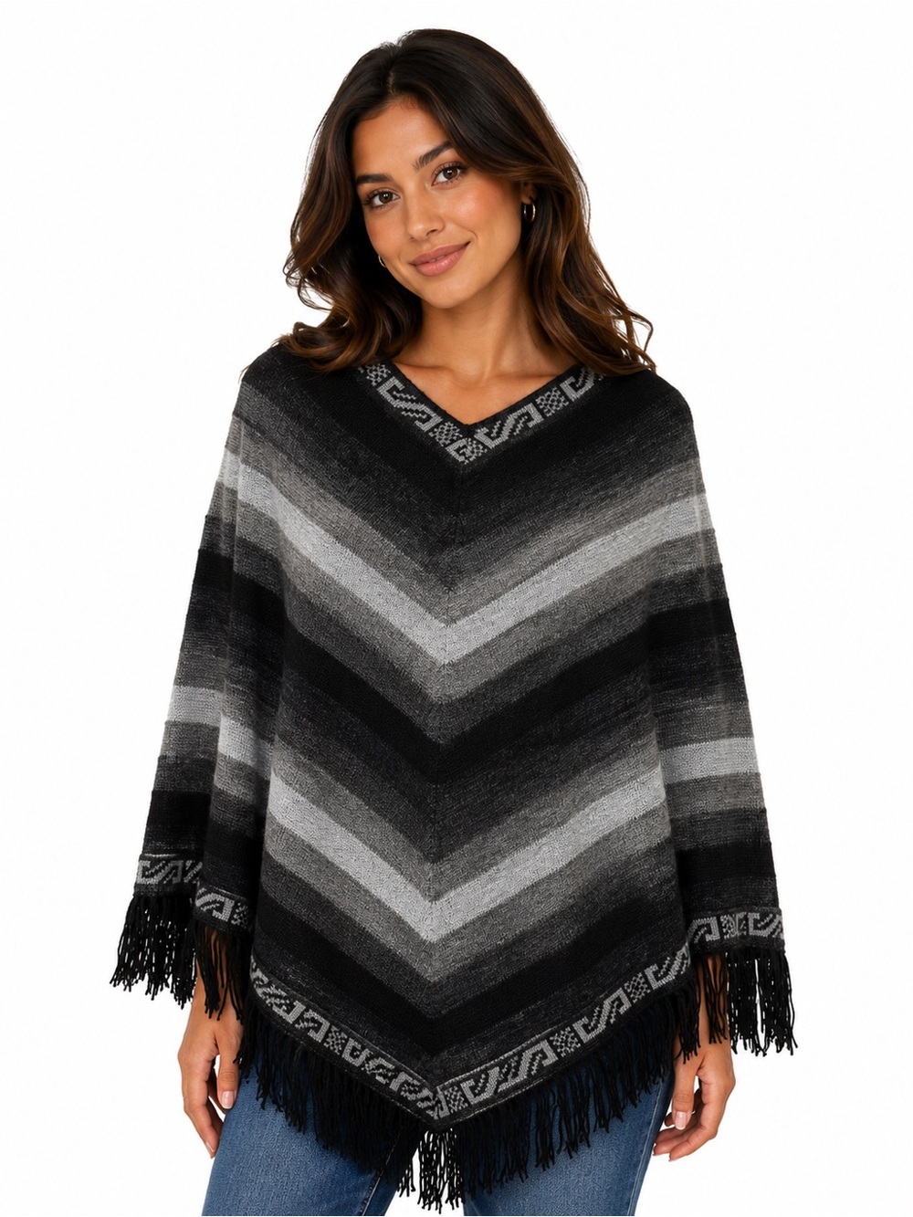 ALPACA Striped V-Neck Fringe Poncho Sweater